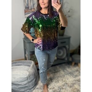 Mardi Gras Sequined Ombre Short Sleeves Cropped Parade Purple Green Gold 0923